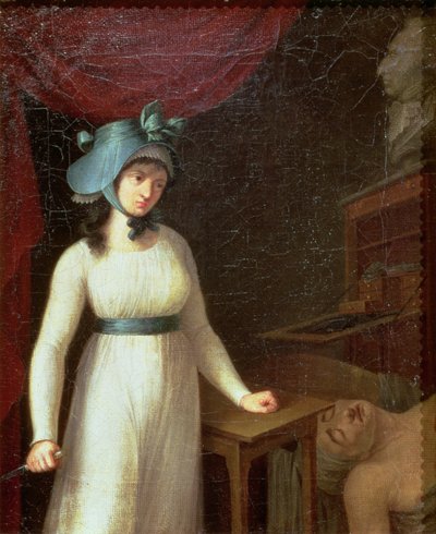 Charlotte Corday (1768-93) och mordet på Jean Paul Marat (1743-93) i hans bad av French School