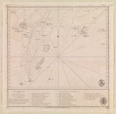 Karta över arkipelagen norr om Mauritius upprättad 1776 av M le Victe Grenier löjtnant i franska flottan [Inkluderar Seychellerna, sydligaste Maldiverna Mauritius-gruppen  Chagos-arkipelagen] av French School