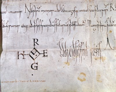 Charter undertecknad av Hugues I Capet (941-996), kung av Frankrike, 988 (penna och bläck på papper) (detalj av 157461) av French School