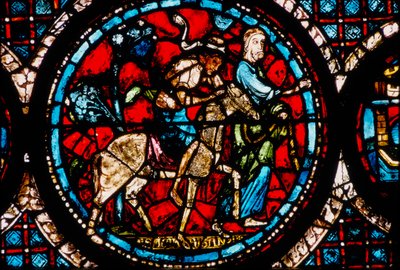 Chartres-katedralen, glasmålning föreställande den barmhärtige samaritens cirkulära glasmålning av French School