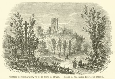 Chateau de Guimaraens, sett från vägen till Braga (gravyr) av French School
