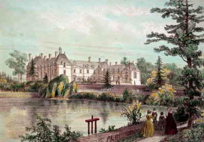 Chateau de la Loire: Utsikt över Chateau de la Seilleraye i Carquefou (Loire Atlantique). Tryck från 1800-talets privata samling av French School