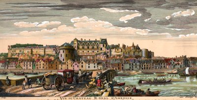 Chateaux de la Loire: vy över slottet Amboise i Indre och Loire på 1700-talet. Epoque-gravering. Privat samling av French School