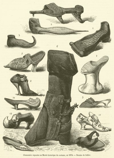 Skor utställda på Historiska Dräktmuseet, 1874 (gravyr) av French School