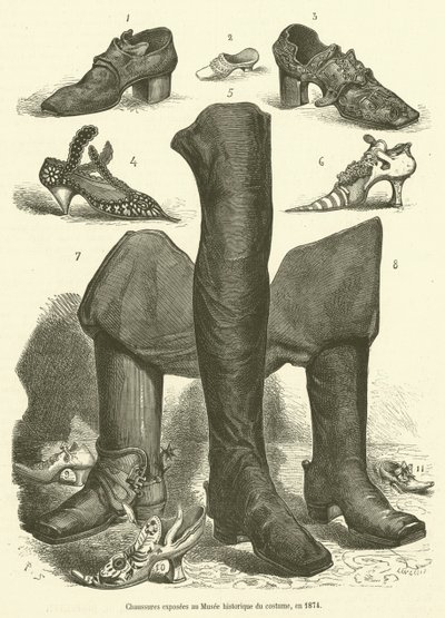 Skor utställda på det historiska kostymmuseet, 1874 (gravyr) av French School
