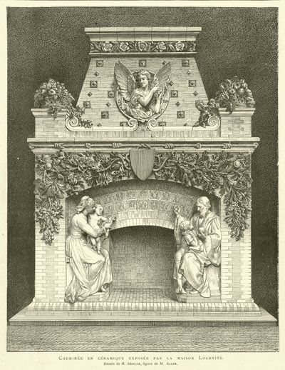 Keramisk eldstad utställd av Loebnitz-huset, teckning av M Sedille, figur av M Aller (gravyr) av French School