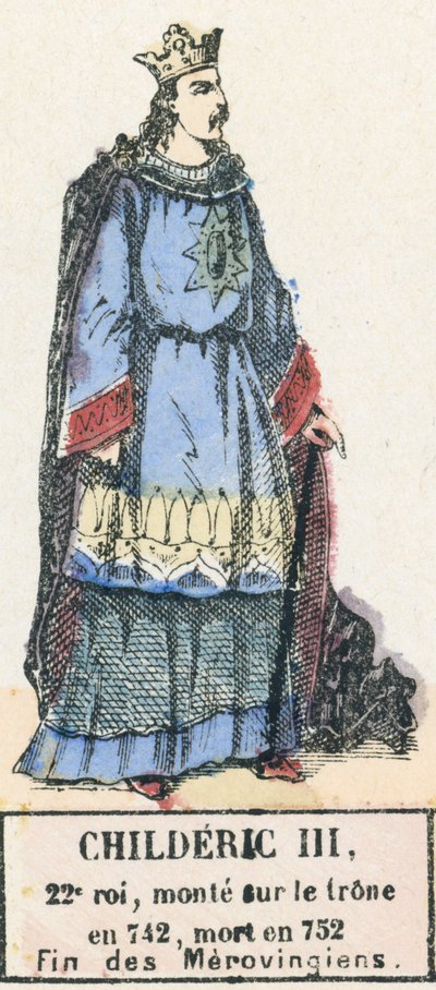 Childeric III, 22:a kungen, besteg tronen 742, dog 752, Merovingernas slut (färgad gravyr) av French School