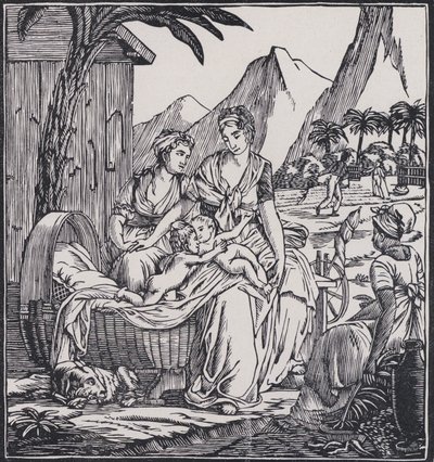 Pauls och Virginies barndom, scen ur den franske författaren Jacques-Henri Bernardin de Saint-Pierres roman Paul et Virginie (litografi) av French School