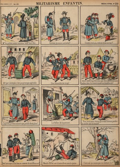 Barnslig militarism (färgad gravyr) av French School