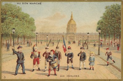 Barn som leker som soldater på torget av French School
