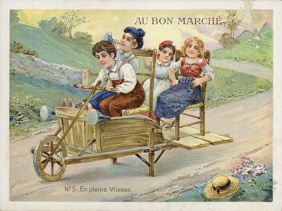 Barn som leker på ombyggd skottkärra av French School