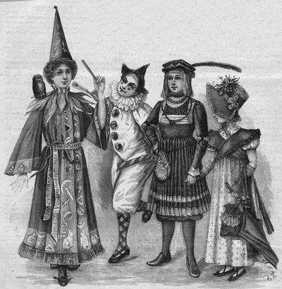 Barnkläder: häxdräkt, clown, page och "Empire". Gravyr i "La gazette du dimanche"" av den 23 januari 1896. av French School