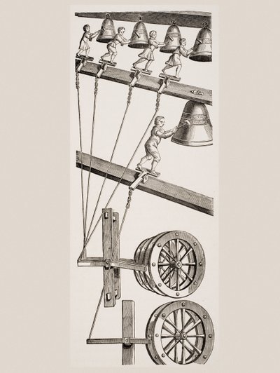Chimes of the Clock of St. Lambert i Liege, Belgien, från Le Moyen Age et La Renaissance av Paul Lacroix (1806-84) publicerad 1847 av French School