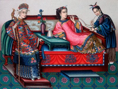 Kinesiska adliga kvinnor som röker opium - i "" Den historiska kostymen"" av Racinet av French School