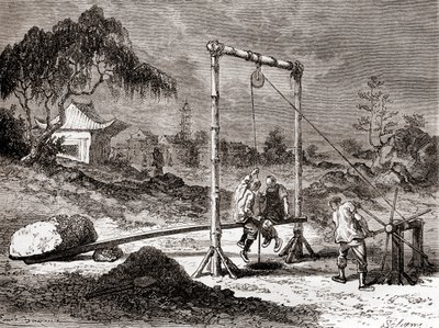 Kinesiska arbetare på 1800-talet grävde en brunn för utvinning av saltvatten, från 