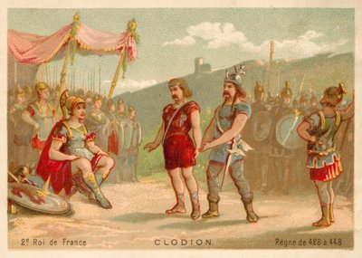 Chlodio, kung av de saliska frankerna (chromolitho) av French School