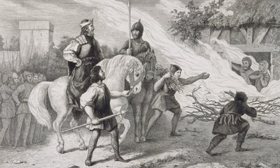 Chlotaire I (497-561) bränner sin upproriska son och familj, ur "Histoire de France" av Colart, publicerad omkring 1840. av French School