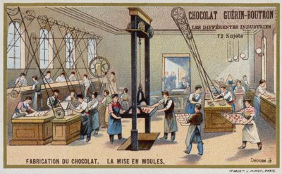 Chokladtillverkning. Lägga choklad i formar (chromolitho) av French School