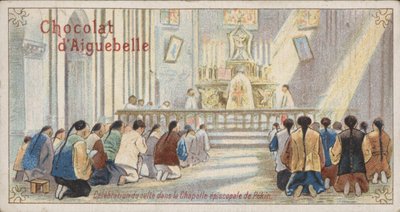 Kristna tillbedjan i det episkopala kapellet i Peking (chromolitho) av French School
