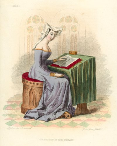 Christine de Pisan (färgad gravyr) av French School