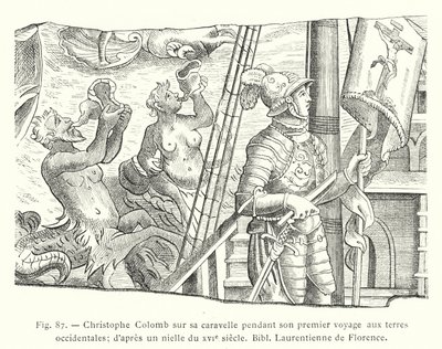 Christopher Columbus på sin karavel under sin första resa till västra länder; efter en niello från 1500-talet, Bibl Laurentienne de Florence (gravyr) av French School