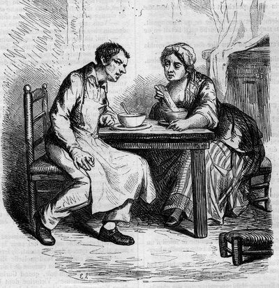 Christophe och den feta Sylvie: tjänare som äter frukost. Gravyr i mitten av 1800-talet. Illustration till "The Father Goriot" av Honore de Balzac (1799-1850). av French School