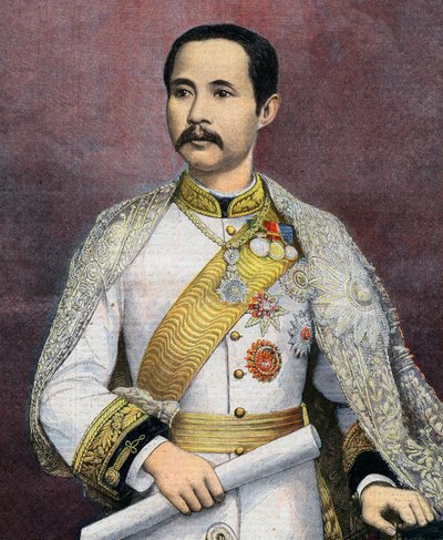 Chulalongkorn (1853-1910), kung av Siam. 1897 blev Chulalongkorn den första siamesiska monarken som besökte Europa. Illustration från Le petit Journal av French School