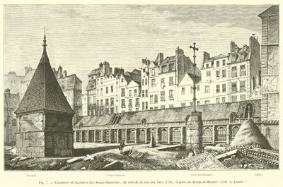 Kyrkogård och massgravar för Saints-Innocents, på rue aux Fers-sidan, 1780, efter en teckning av Bernier, Coll A Lenoir av French School