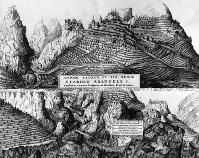 Staden Saorge, Frankrike, under Savojens styre, gravyr av French School