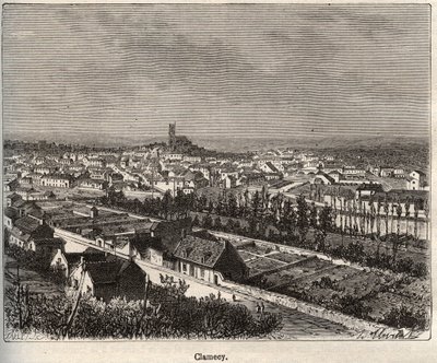 Clamecy - Nievre - Bourgogne - gravyr i "La France illustree: geografi, historia, statistisk administration" av V.A. Malt-brunt. 1884 av French School