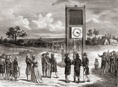 Claude Chappe demonstrerar sitt första telegrafsystem i luften 1791, från Les Merveilles de la Science, publicerad ca 1870 (gravyr) av French School