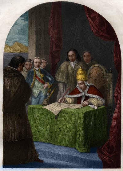 Clement XIV (Clemente eller Clemens) (1705-1774) avskaffar Jesuites Society den 21 juli 1773. Gravyr från 1842 i "Histoire des popes: crimes, mord, poisonings, parricides, adulteres, incest... by Maurice Lachatre. Privat samling. av French School