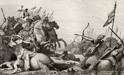 Clodion, The Hairy (c.428-47) reträtter över bron efter hans nederlag av Aetius, från 