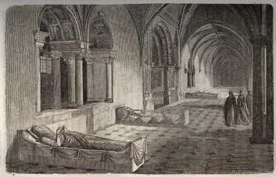 Cloister of Fontevrault med statyer av Henri II - Eleonore de Guyenne - gravyr i "Histoire de France" av Victor Duruy (1811-1894) - 1882 av French School