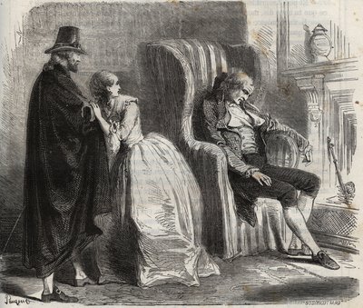Clotilde Sprengel och Zacharie Bergmann tittar på den tyske läkaren Petrus Schultz som sover framför 1700-talet. Gravyr från 1871 i "Histoire Des Cocuses Celebres"" av Henry de Kock (1819-1892). av French School