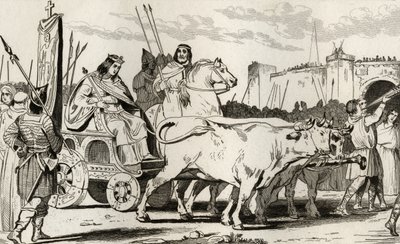 Clovis III (682-95) i en vagn dragen av oxar, med Pepin II av Herstal (c.714) Riding Alongside Him, från 
