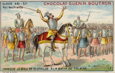 Clovis I som åberopar Clotildes gud vid slaget vid Tolbiac, 496 (chromolitho) av French School