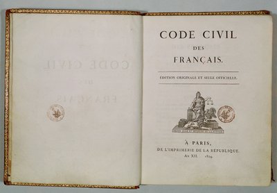 Code Civil, öppen på titelbladet, 1804 av French School