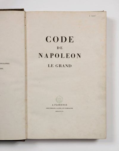 Koden för Napoleon den store, öppen på titelsidan, publicerad Florens, Molini, Landi et Cie, 1809 av French School