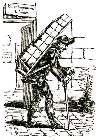Commissionaire (kurir) på 1800-talet lämnar bokhandlaren Pillet i Paris, bärande en last av böcker på ryggen av French School
