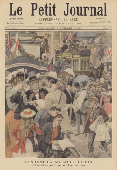 Oro i London över kung Edward VII:s sjukdom (färglitografi) av French School