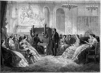 Konsert med "elektromotororkester för piano", av dess uppfinnare J.B. Schalkenbach, i närvaro av Napoleon III och Impress Eugenie de Montijo. Palais de Saint Cloud av French School