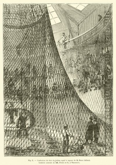 Gör nätet av M Henri Giffards fångade ångballong, Corderie centrale av MM Fretet et Ce, i Vincennes (gravyr) av French School