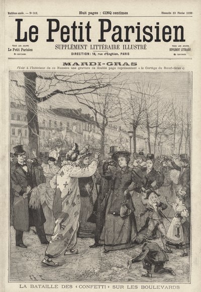 Konfettistrid på boulevarderna i Paris på Mardi Gras (gravyr) av French School