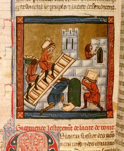 Byggandet av Rom. Miniatyr av manuskriptet "Histoire ancienne à la Cesar", omkring 1260-1270 skriven av en kontorist i tjänst vid Roger IV:s hov, Chatelain av Lille (1208-1230), författaren kan vara för några av Denains Wauchier. Dijon, Munici av French School