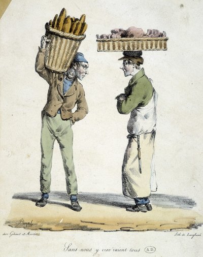 Samtal mellan en bagare och en delikatessbutik: ”Utan oss skulle vi alla dö! "". Gravyr av 1800-talet. av French School