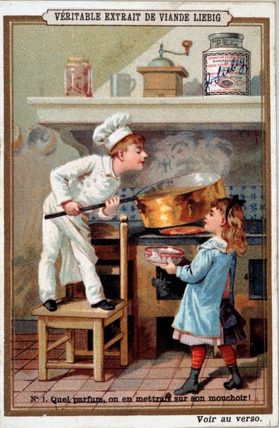 Laga mat i hans ugn - chromo. Liébig av French School