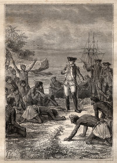 Cooks mottagning av de infödda - James Cooks tredje resa - Cook välkomnad av de infödda - James Cooks tredje resa i Stilla havet - illustration hämtad från "The Great Mariners of the 18th century" av Jules Verne av French School