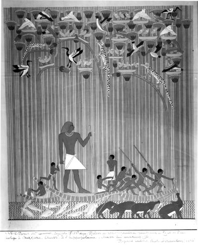 Kopia av en egyptisk målad relief föreställande fiske och harpunerande flodhäst, från Tomb of Ti och Ptah-Hotep i Saqqara, 5:e dynastin, Gamla kungariket av French School