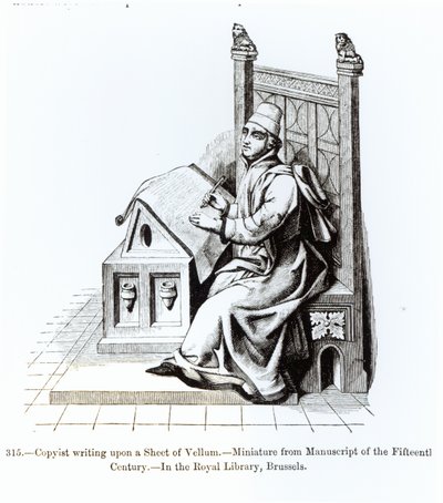Copyist Writing on a Sheet of Vellum, från ett manuskript, illustration från vetenskap och litteratur under medeltiden och renässansen, skriven och graverad av Paul Lacroix, 1878 (bw p. av French School